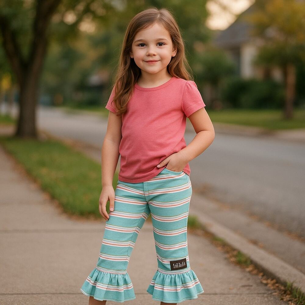 Matilda Jane Girls Pants 6 Anticipation Aquarius Big Ruffles Blue Brown Striped